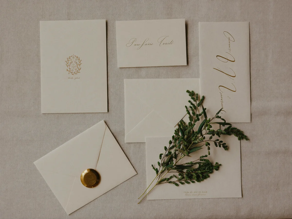 Luxury wedding save-the-date stationery flatlay