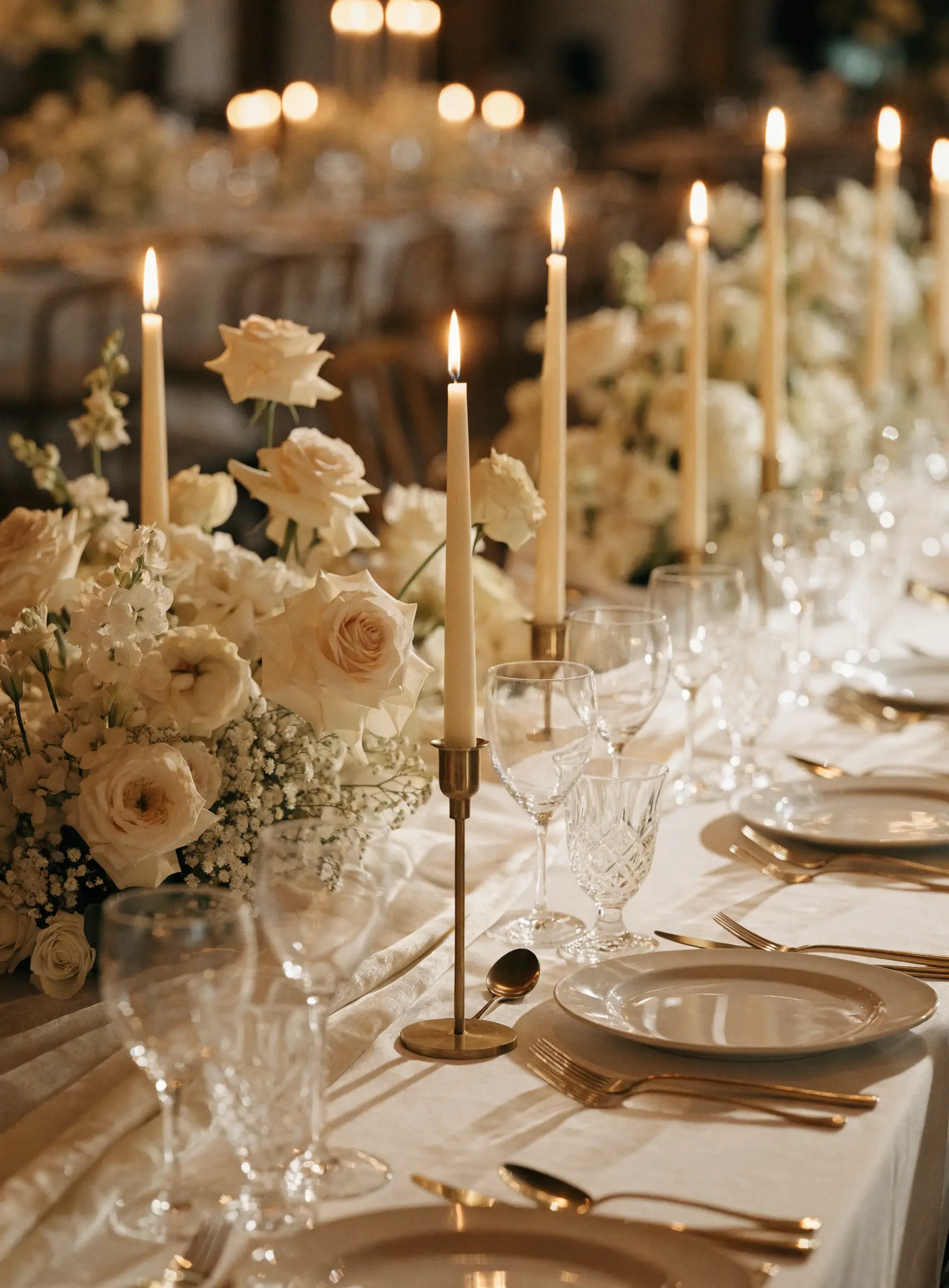 A candlelit wedding reception tablescape an hour before guests arrive