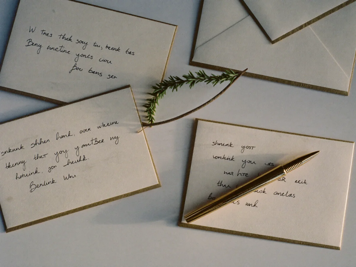 Handwritten thank-you cards with a gold pen