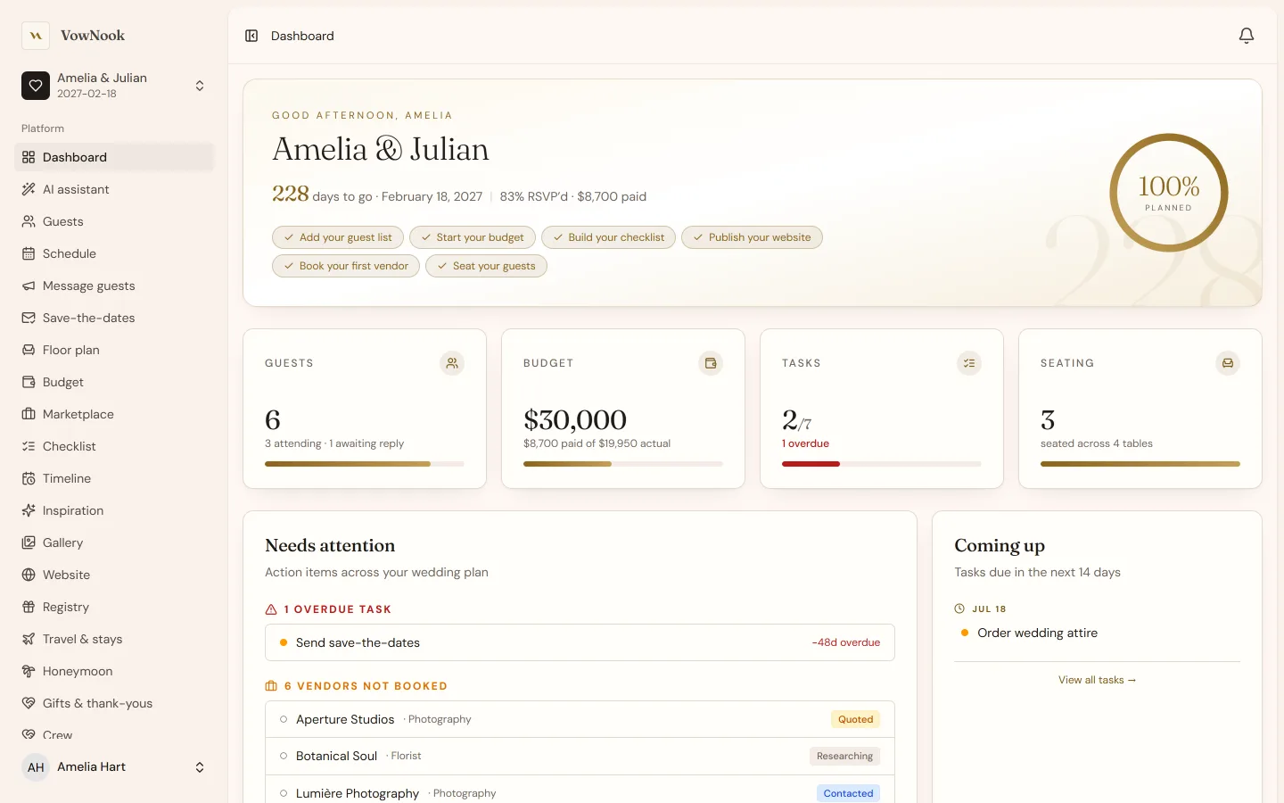 The VowNook dashboard with countdown, stats and a needs-attention list