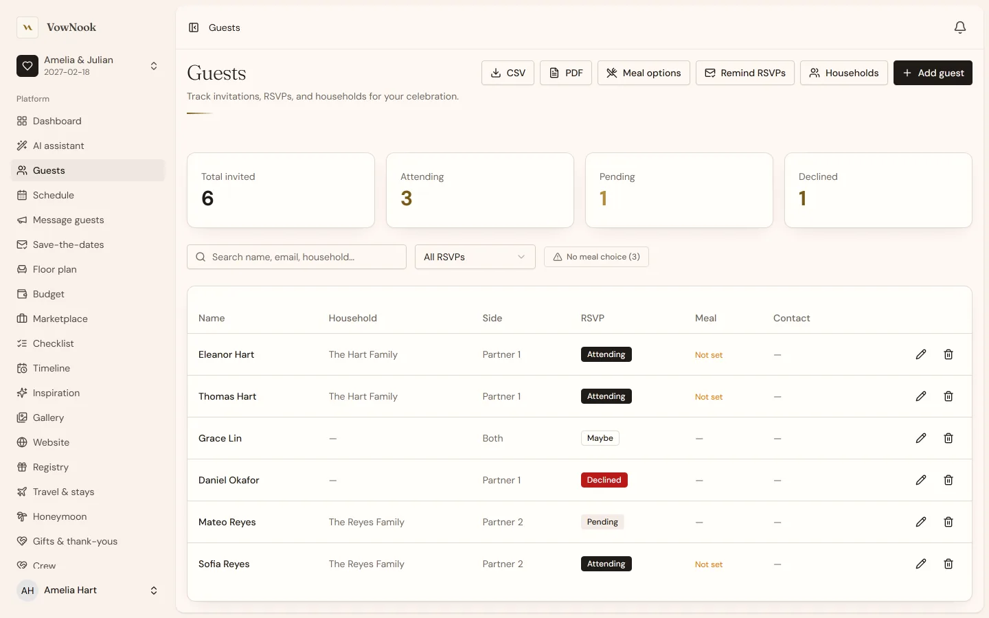The VowNook guest list with RSVP statuses and meal choices