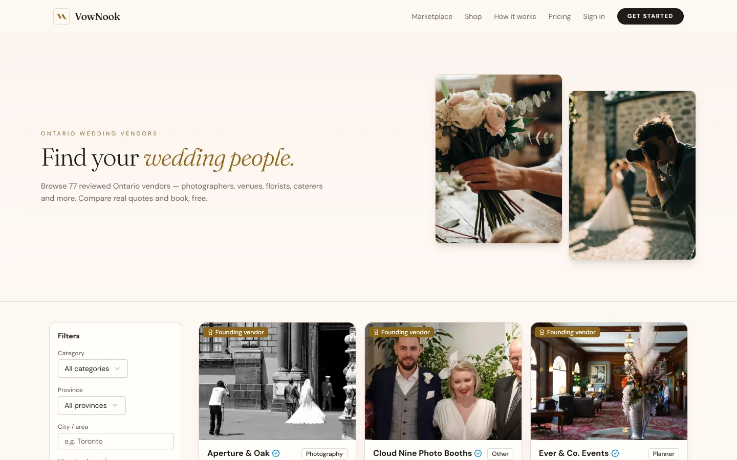 The VowNook marketplace with Ontario wedding vendors