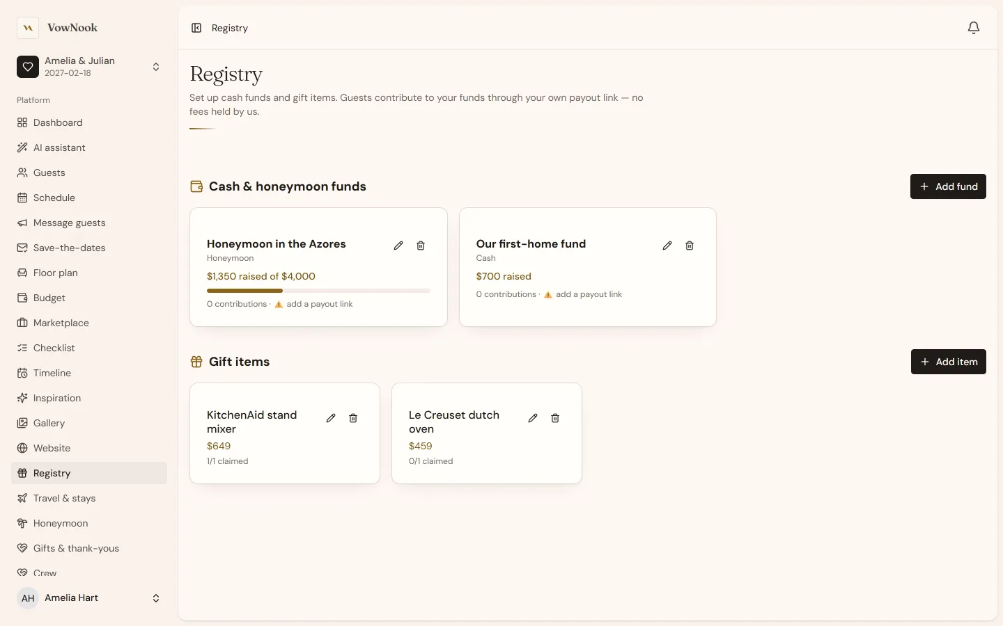 The VowNook registry with cash funds and gift items