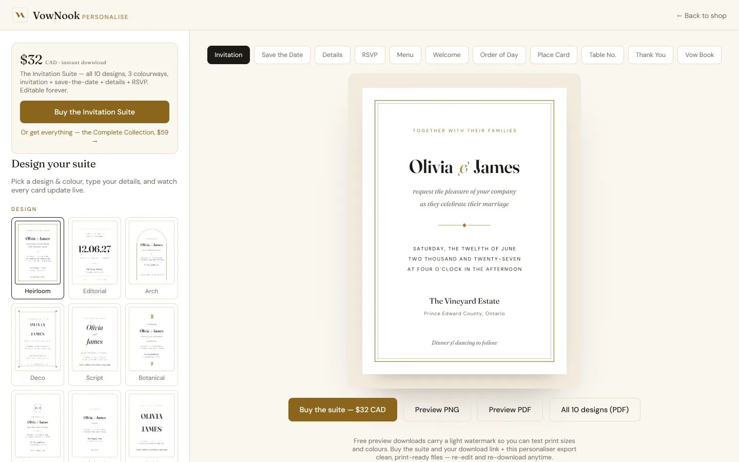 The VowNook stationery personaliser with a live invitation preview