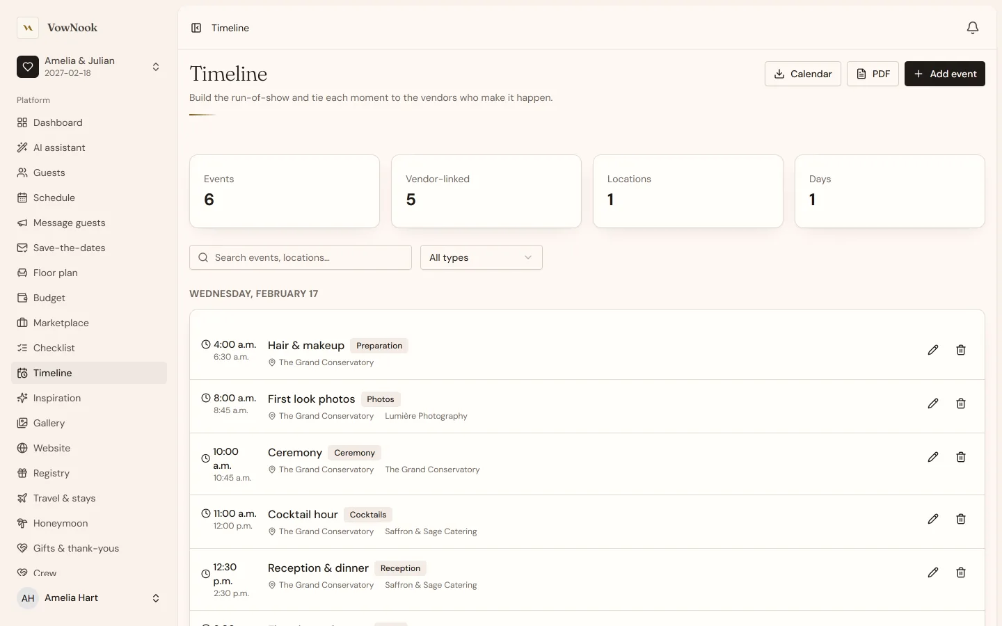 The VowNook day-of timeline with vendor-linked events