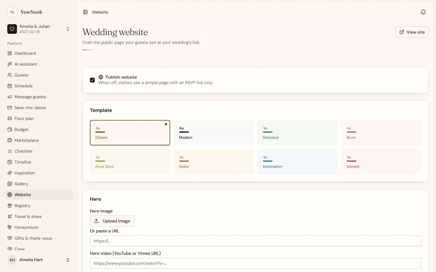 The VowNook website editor with template picker and sections