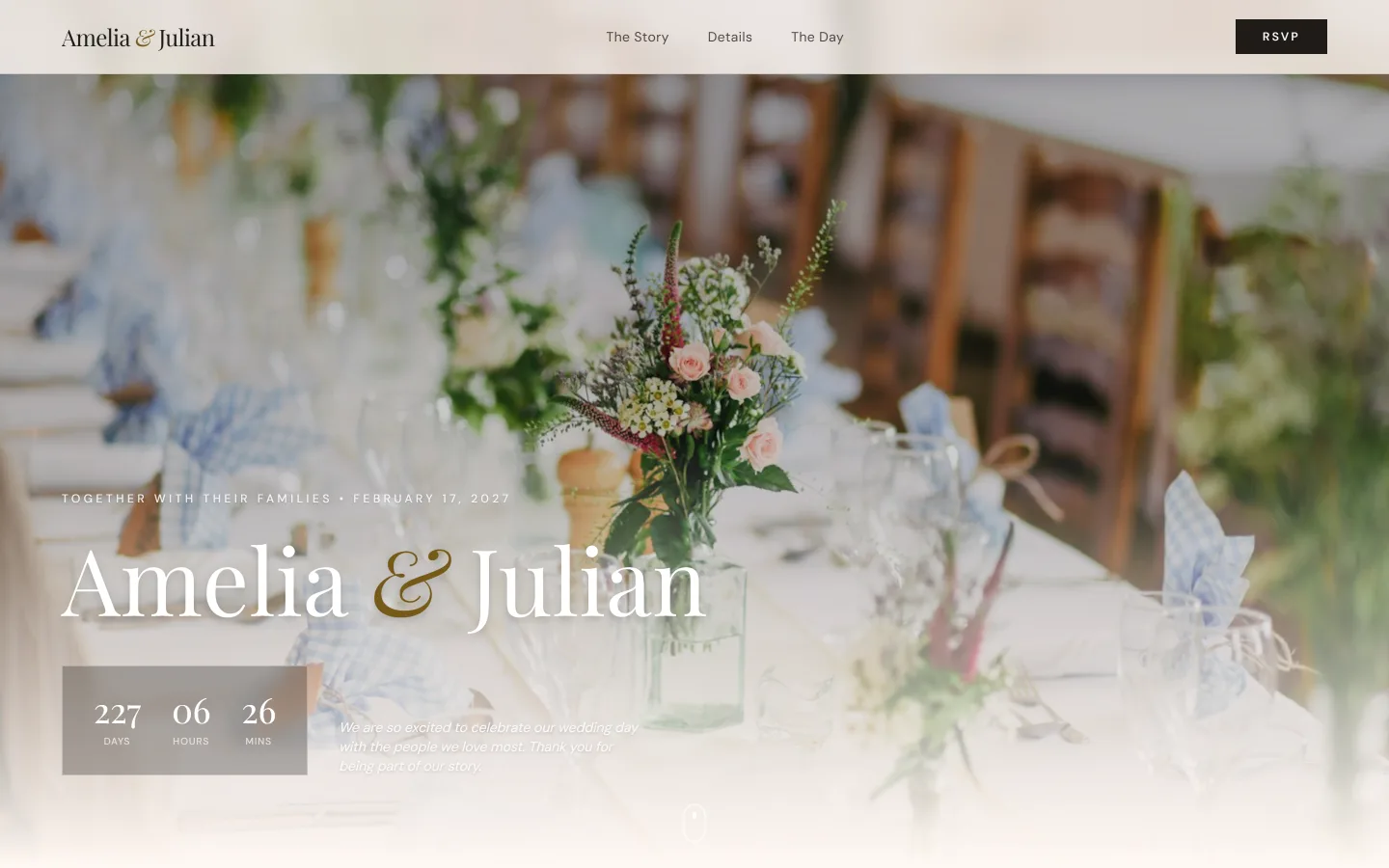 A published VowNook wedding website with a live countdown