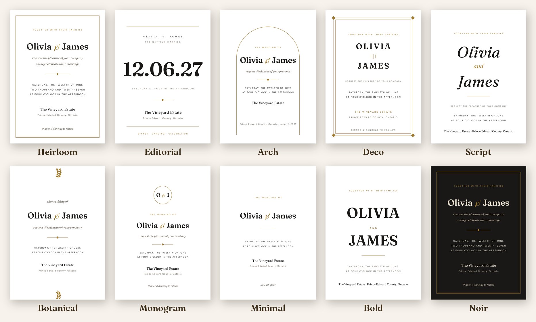 Ten wedding invitation designs — Heirloom, Editorial, Arch, Deco, Script, Botanical, Monogram, Minimal, Bold and Noir
